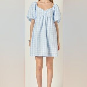 English Factory Blue/White Linen Gingham
Sweetheart Baby Doll Mini Dress: Medium
